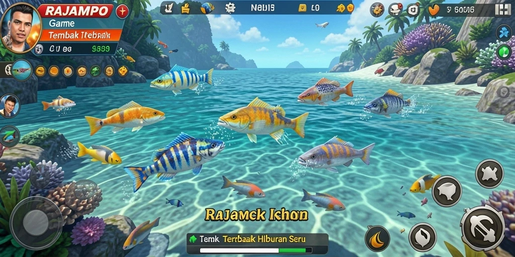 Tampilan gameplay RAJAMPO yang seru dengan berbagai ikan warna-warni.