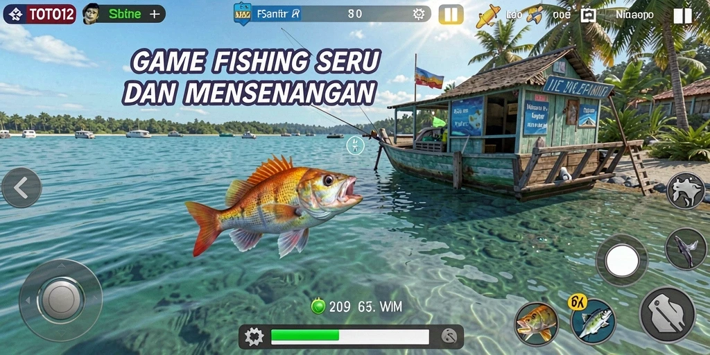 Screenshot utama TOTO12 menampilkan pemain menangkap ikan di laut.