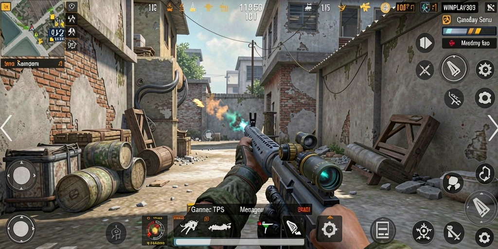 Screenshot WINPLAY303 menampilkan aksi tembak-menembak intens di arena TPS.